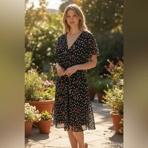 City Chic Black Polka Dot & Rose-Accent V-Neck Midi Dress